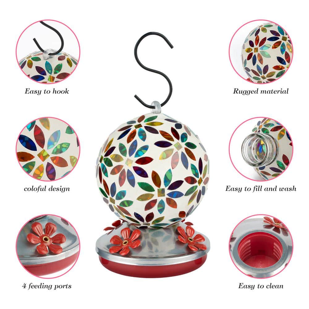 Multicolor Hand-Blown Glass Hanging Hummingbird Feeder with Metal Base