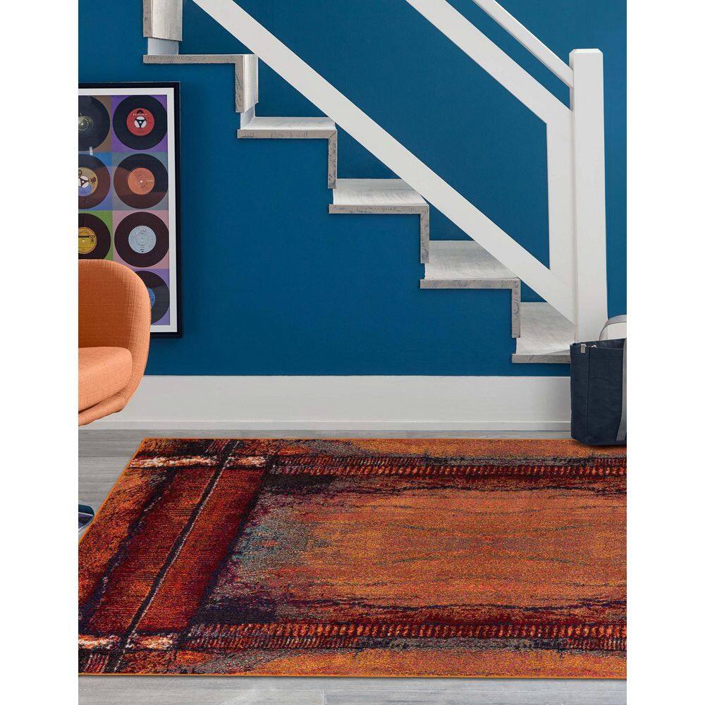Rectangular Blue Abstract Stain-Resistant Synthetic Rug