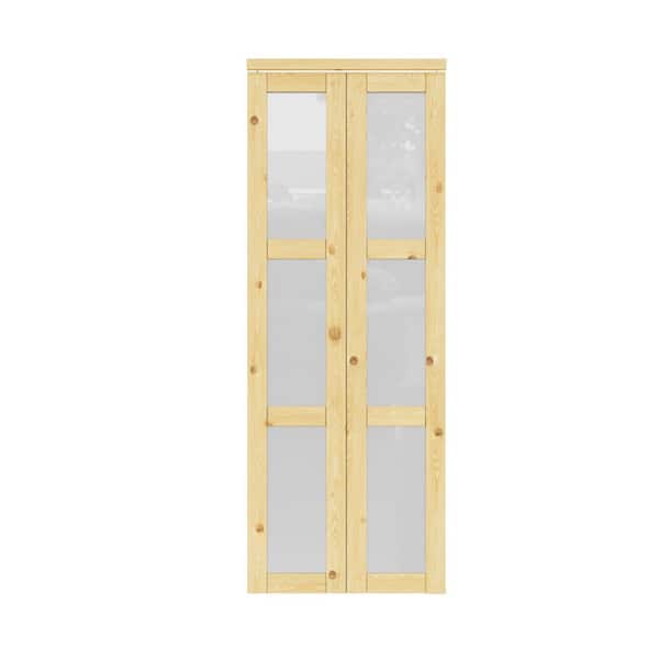 EH PUERTA 30 in. x 80 in. 3-Lite Pine Wood Tempered Frosted Glass and Solid Core Finished MDF Closet Bi-fold Door with Hardware