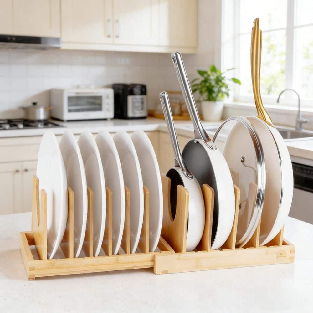 Esepony 2 in 1 Bamboo Adjustable Dividers Pot and Pan Organizer