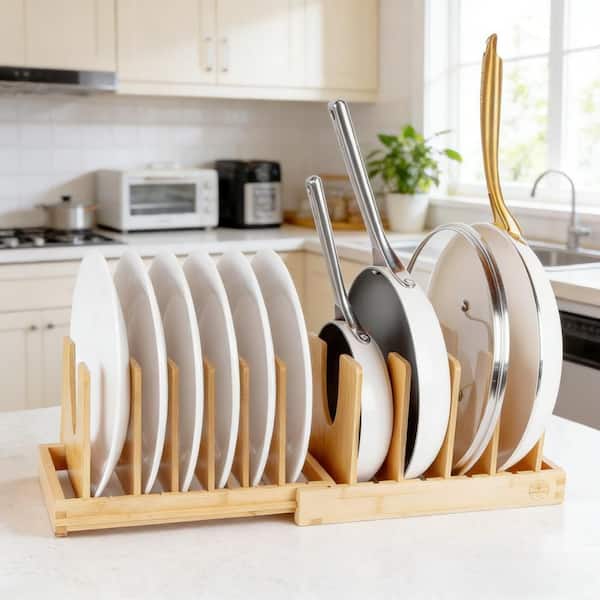 2 in 1 Bamboo Adjustable Dividers Pot and Pan Organizer with Magnetic Lock for Under Cabinet Kitchen, Natural