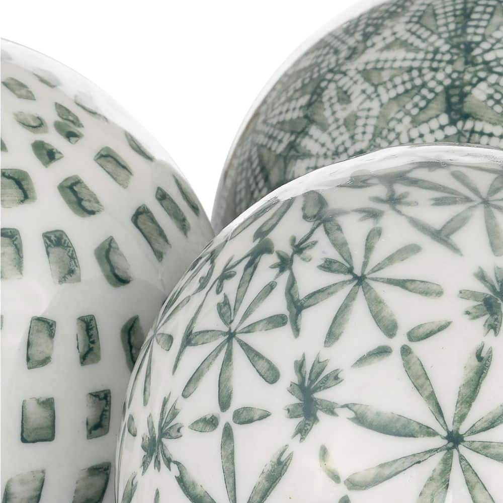 Set of 3 Green and White Ceramic Decorative Orbs