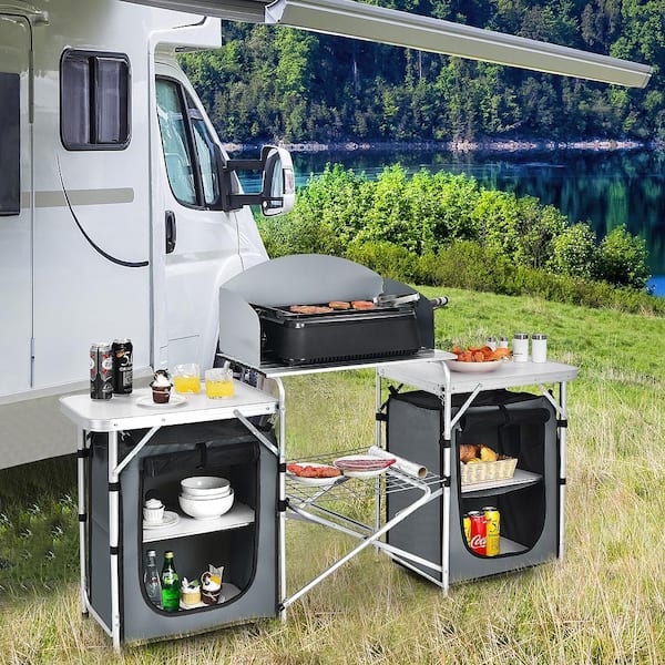 White Folding Portable Aluminum Camping Grill Table with Storage Organizer Windscreen Chair