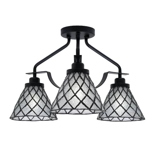 Unbranded Zara 17.25 in. 3-Light Matte Black Semi-Flush with 7 in. Diamond Ice Art Glass Shades No Bulbs Included