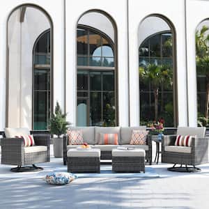New Vultros Gray 6-Piece Wicker Outdoor Patio Conversation Set with Beige Cushions and Swivel Rocking Chairs