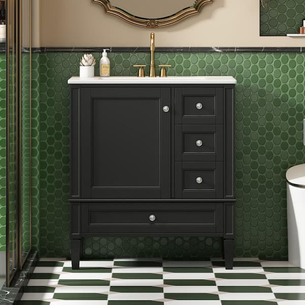 30 in. Single Sink Freestanding Black Bath Vanity with White Ceramic Top and 3 Drawers Storage Door Cabinet Unassembled