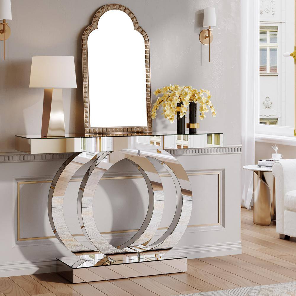 Silver Mirrored Glass Console Table with Crystal Inlays, 43-Inch