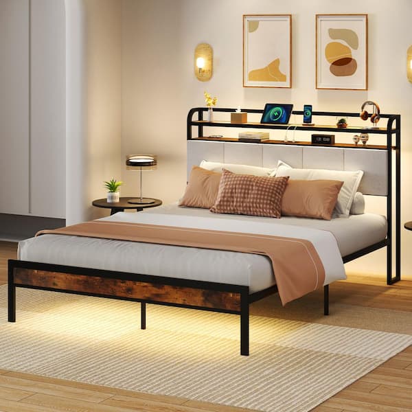 Brown Metal Frame Queen Size Bed w/ LED Light and Charging Station Heavy Duty Platform Bed