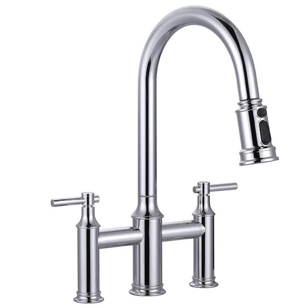 VEVETTA Double Handle Bridge Kitchen Faucet with 3-Mode Pull-Down Spray Head in Polished Chrome
