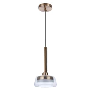 Centric 7.5 in. 6-Watt 1-Light Satin Brass Finish Integrated LED Dining/Kitchen Pendant-Light with Seeded Glass