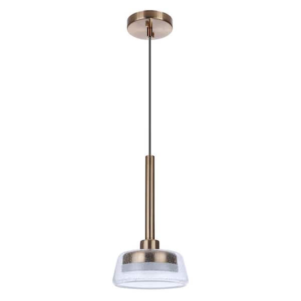 CRAFTMADE Centric 7.5 in. 6-Watt 1-Light Satin Brass Finish Integrated LED Dining/Kitchen Pendant-Light with Seeded Glass