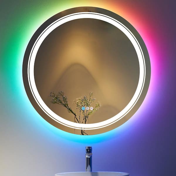 KIOTEE 28 in. W x 28 in. H Round Frameless LED Frontlit, Backlit Anti-Fog Tempered Glass Wall Bathroom Vanity Mirror in RGB