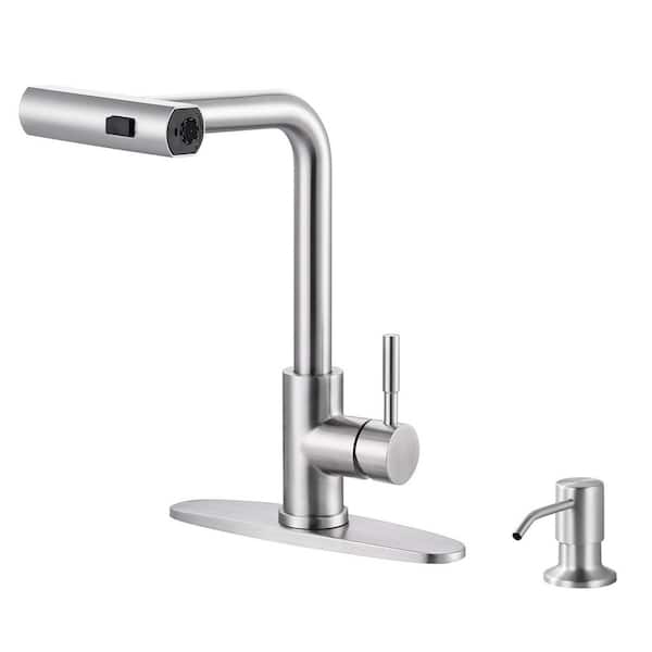 IVIGA 13.5in. H Single Handle 360° Swivel Pull Out Sprayer Kitchen Faucet w/3-Spray Modes and Soap Dispenser in Brushed Nickel