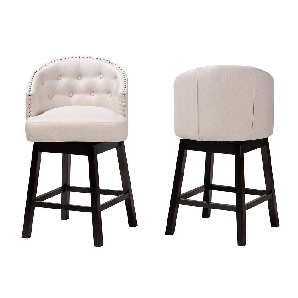 Light Beige Fabric and Wood Swivel Counter Stool Set
