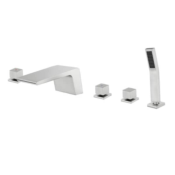 3-Handle Deck Mount Roman Tub Faucet with Hand Shower 5 Holes Waterfall Bath Tub Filler with Sprayer in. Brushed Nickel