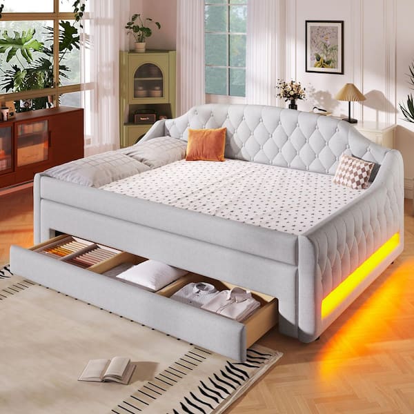 Finnian Multifunctional Beige Full Size Linen Upholstered Daybed with Trundle, Storage Drawers and LED Lights