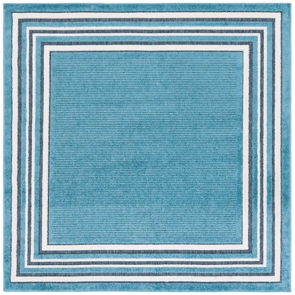 Cabana Turquoise/Ivory 7 ft. x 7 ft. High-Low Striped Border Square Indoor/Outdoor Area Rug