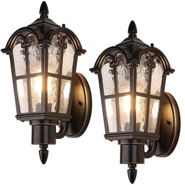 Outdoor Waterproof Black and Gold Wall Light Fixtures Garden Stake, Vintage Porch Lights with Water Ripple Glass, 2-Pack