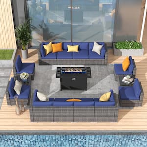 Gray 7-Piece Wicker Patio Conversation Patio Fire Pit Sectional Seating Set with Navy Blue Cushions