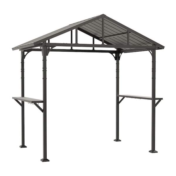 8 ft. x 5 ft. Outdoor Metal Grill Gazebo with Triangular Structure Roof, Side Shelves and Hook, BBQ and Sunshade Shelter