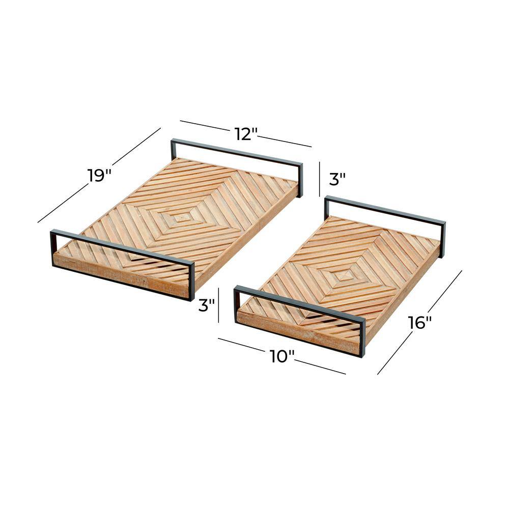 Brown Rectangular Wood Tray Set with Black Handles, 19" and 16"