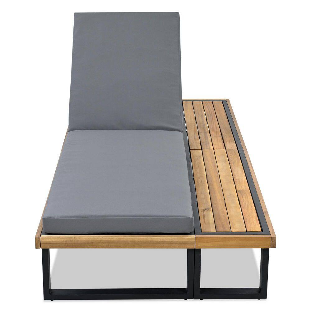 Brown Acacia Wood Outdoor Chaise Lounge with Gray Cushions, 5-Position Adjustable Backrest, Wood Side Table price history on PriceWatchPro