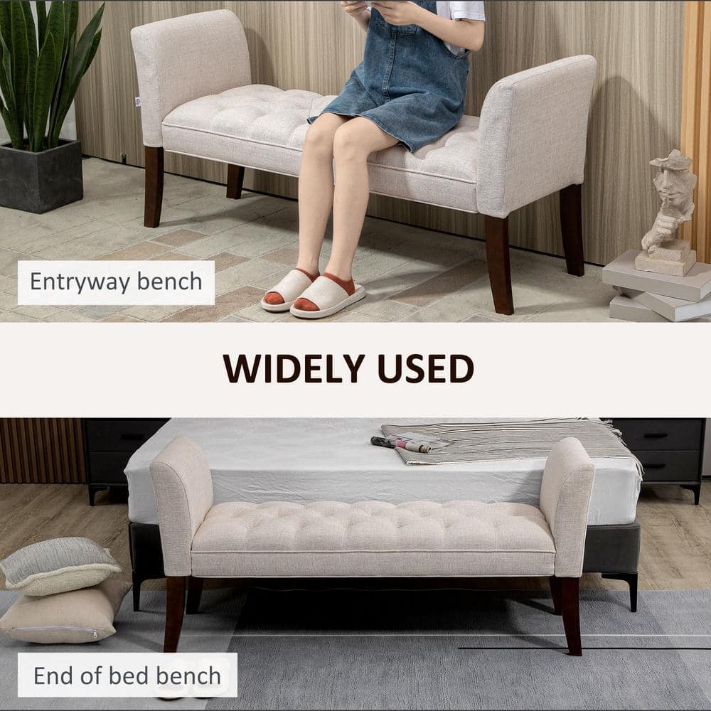 Beige Upholstered Bench with Flared Arms and Wood Legs