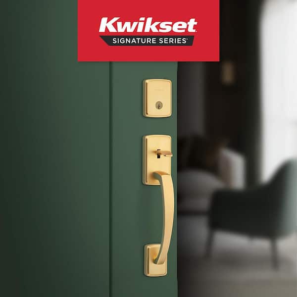 Brentford Satin Brass Keyed Door Handleset with Deadbolt and Sora Door Knob Featuring SmartKey Security