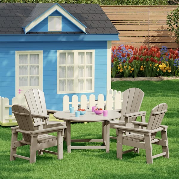 Children's Laguna Outdoor Patio All Weather Plastic 5-Piece Kids Adirondack Round Picnic Table Dining Set in Sand