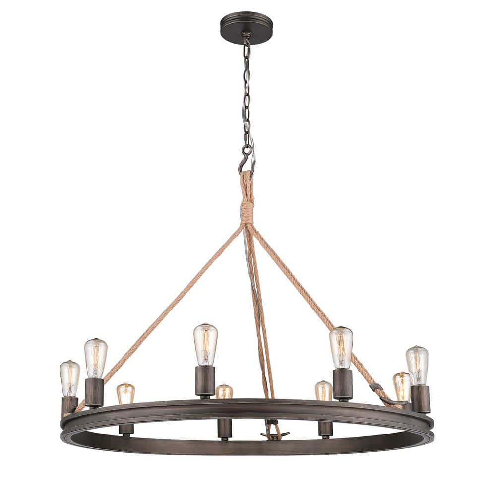 Rustic Gunmetal Bronze 9-Light Chandelier with Nautical Rope