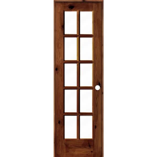Krosswood Doors 24 in. x 80 in. Knotty Alder Left-Handed 10-Lite Clear Glass Red Chestnut Stain Wood Single Prehung Interior Door