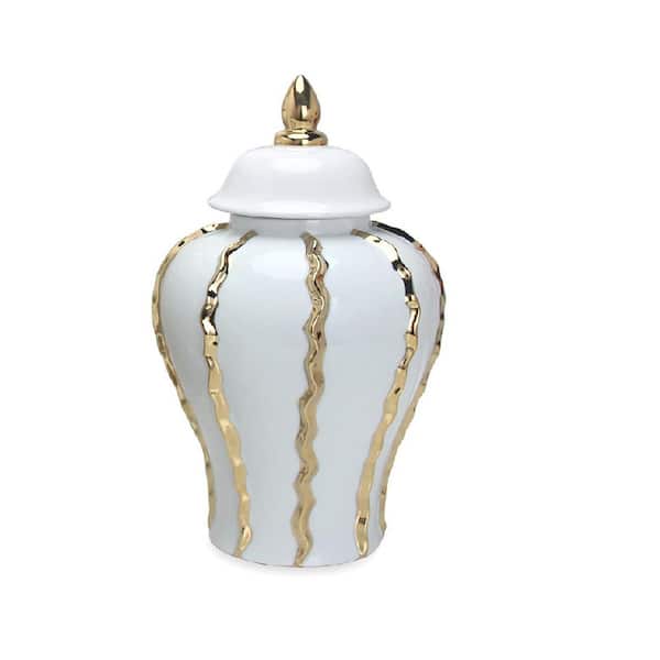 Afoxsos 9.00 in. W x 18.5 in. H Elegant White Ceramic Ginger Jar with Gold Accents - Timeless Home Decor