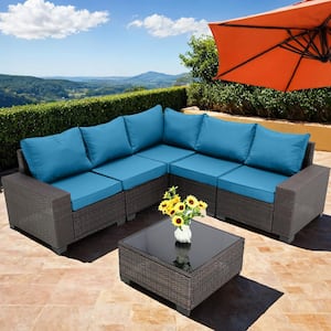 6-Piece Brown Wicker Patio Conversation Set with Peacock Blue Cushions for Summer Outside, Backyard