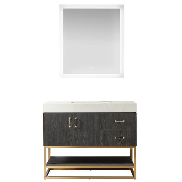 Alistair 42 in. W x 22 in. D x 33.9 in. H Single Sink Bath Vanity in North Black Oak w/ White Grain Stone Top and Mirror