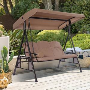 3 Persons Outdoor Metal Porch Swing Chair With Cushions, Cup Holders, Pillows, Adjustable Canopy