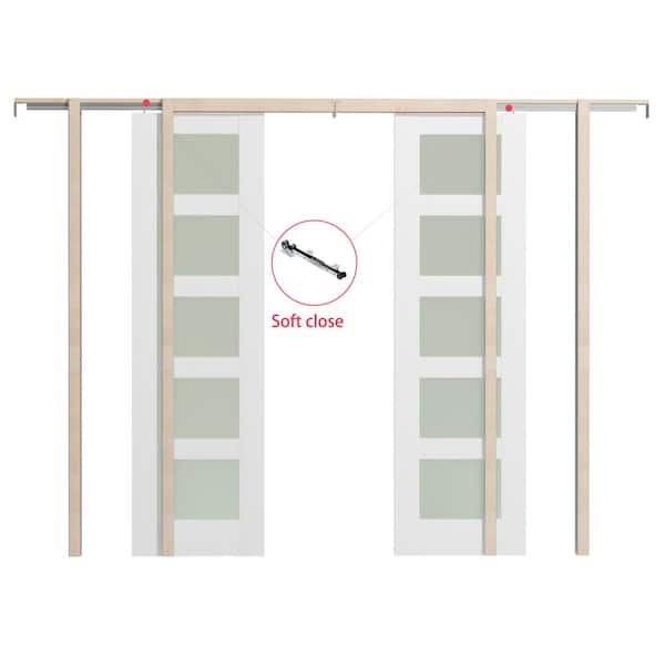 48 in. x 80 in. White Primed Composite and 5-Lite Frosted Glass Double Pocket Door with Soft Close and Full Hardware
