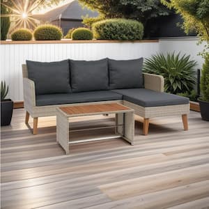 3-Piece Natural PE Wicker Outdoor Sofa Set, Chaise Lounge with Dark Gray Cushions, Slat Top Table and Back Cushions