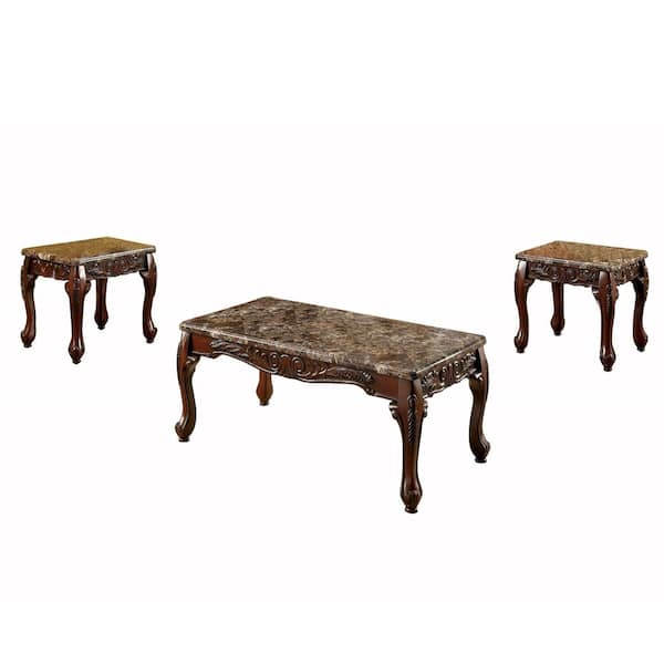William's Home Furnishing Lechester 3-Piece 48 in. Dark Oak/Ivory Large Rectangle Faux Marble Coffee Table Set
