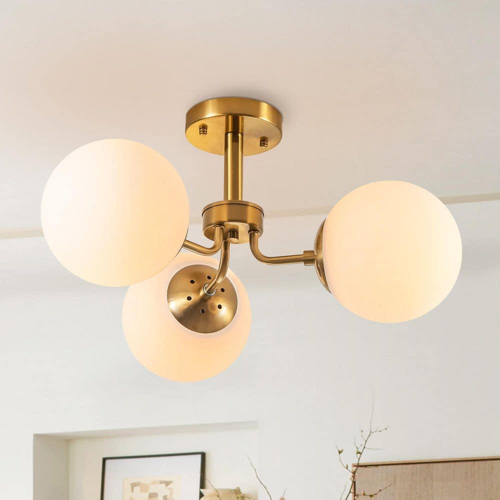 Rennnsan Zora 22 in. 3-Light Brass Modern Globe Semi-Flush Mount