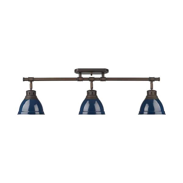 Golden Lighting Duncan 6.5 in. 3-Light Rubbed Bronze Semi-Flush Mount with Blue Shade and No Bulbs Included