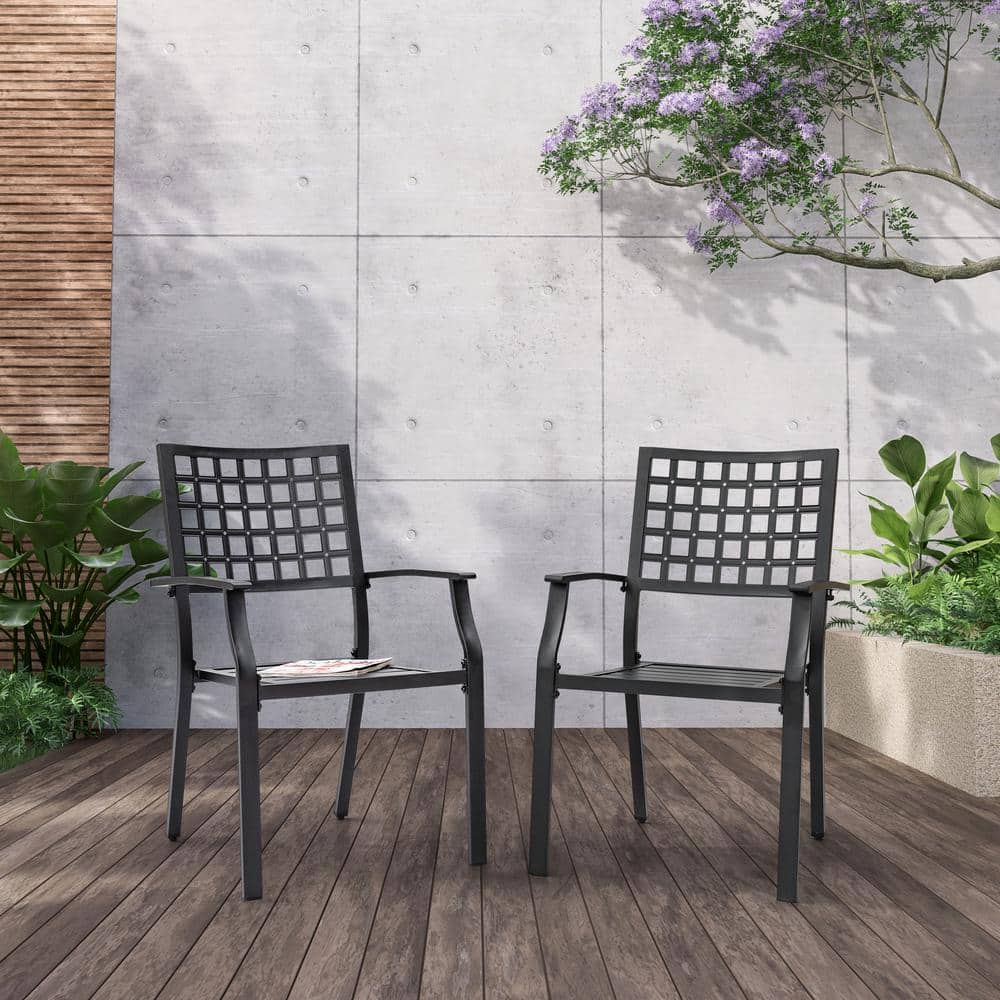 Black Wrought Iron Stackable Outdoor Dining Chairs with Armrest, Set of 2