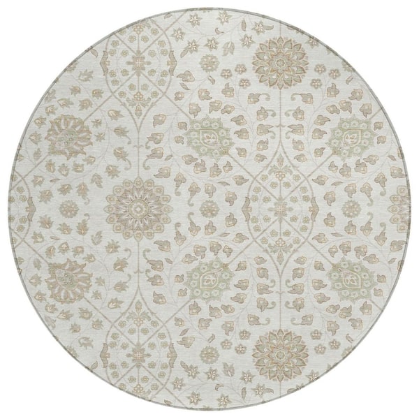 Chantille Machine Washable Indoor/Outdoor Abstract ACN3047 Ivory 8 ft. x 8 ft. Round Rug