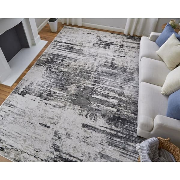 2 x 7 Gray, Ivory, Taupe Abstract Runner Rug