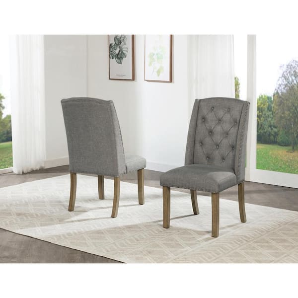Best Quality Furniture Ameen Grey Linen Fabric With Brown Oak Veneer Finish Legs Wing Chairs Set of 2