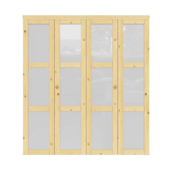 72 in. x 80 in. 3-Lite Frosted Glass Solid Core Unfinished Pine Glass Interior Closet Bi-Fold Door with Hardware