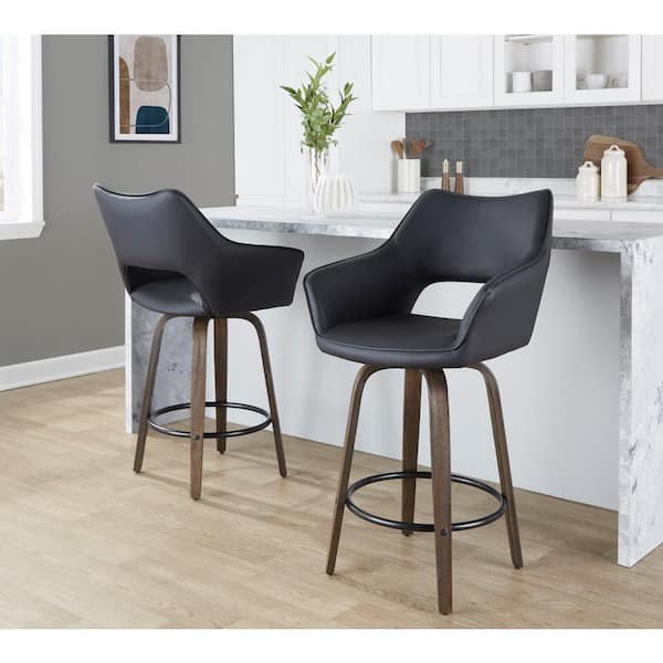 Lumisource Mustang 26.5 in. Black Faux Leather, Walnut Glazed Wood and Black Metal Fixed-Height Counter Stool (Set of 2)