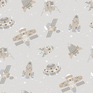 Tiny Tots 2 Collection Greige/Tan Glitter Kids Spaceships Design Non-Pasted Non-Woven Paper Wallpaper Roll