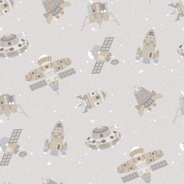 Unbranded Tiny Tots 2 Collection Greige/Tan Glitter Kids Spaceships Design Non-Pasted Non-Woven Paper Wallpaper Roll