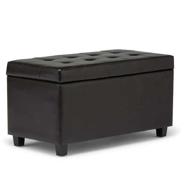 Simpli Home Cosmopolitan 34 in. Wide Transitional Rectangle Storage Ottoman in Tanners Brown Faux Leather