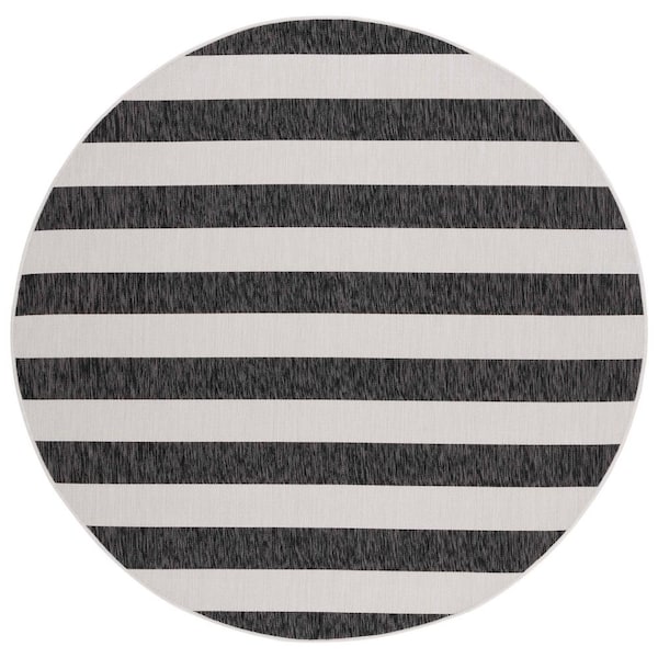 Courtyard 4 ft. x 4 ft. Round Ivory/Black Striped Indoor/Outdoor Area Rug